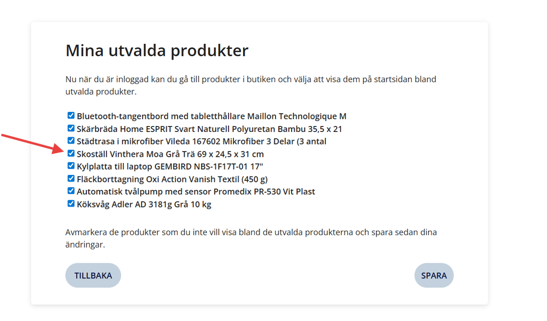 Ta bort utvald produkt